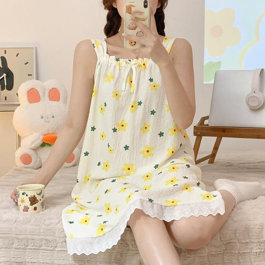 【好看又好穿！宽松设计】夏季新款女士泡泡棉柔软透气吊带睡裙家居服创意印花款甜美风。ry 商品图11