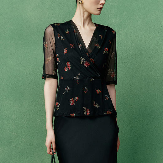 【林栖设计小店】印花交襟领真丝衫2025早秋新款国风优雅气质针织上衣女1953108 商品图1