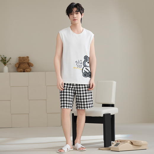 夏季男士纯棉背心睡衣 可外穿休闲家居背心短裤家居服套装 商品图2