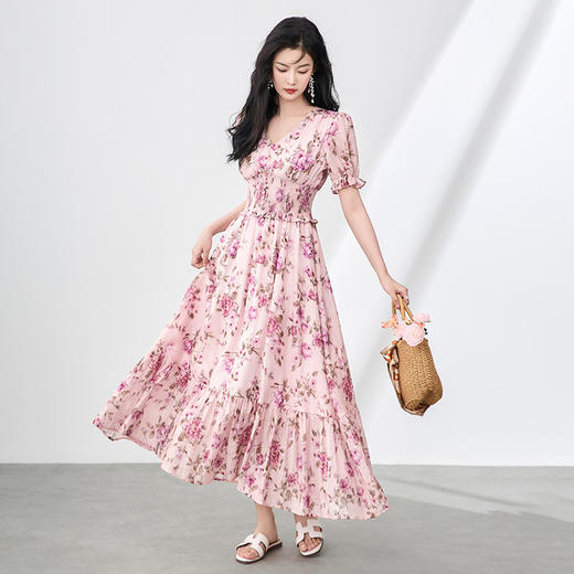 「高货wl」全新升级【铂金会员385/天猫519/差价134】(00923)洛诗琳优雅气质碎花裙2025夏季新款收腰银丝雪纺印花裙 商品图0