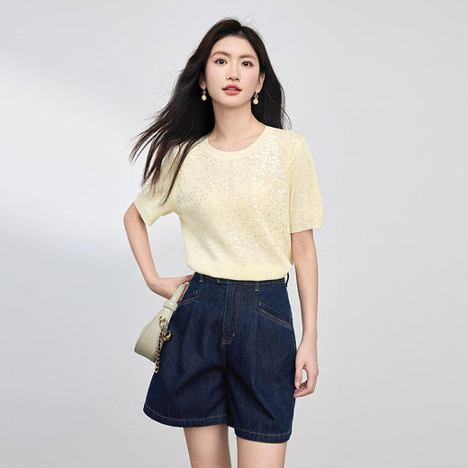 熙世界法式亮片冰丝针织衫女夏季薄款2025新款圆领独特漂亮的上衣 商品图3