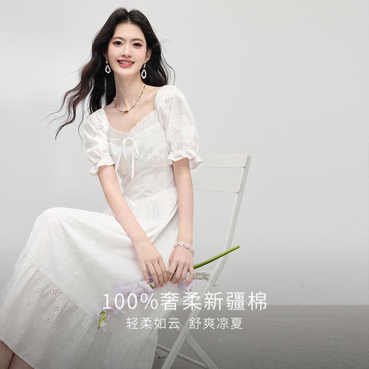 【专属特价】熙世界纯棉白色连衣裙女夏装新款法式浪漫刺绣方领荷叶边初恋长裙 商品图1
