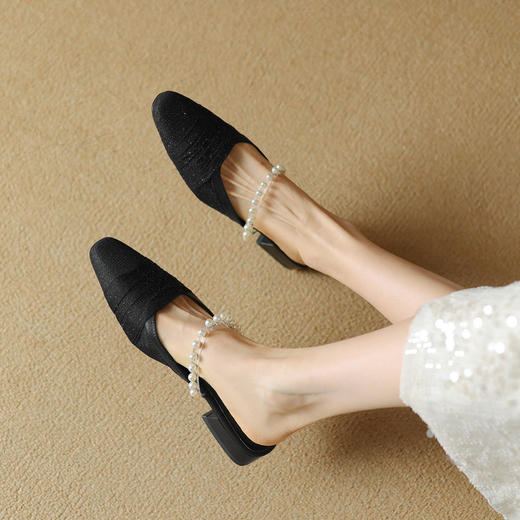 【预售5天】2cm法式珍珠网纱仙女风包头半拖鞋，外穿粗跟低跟灰色KYD&DK990 商品图4