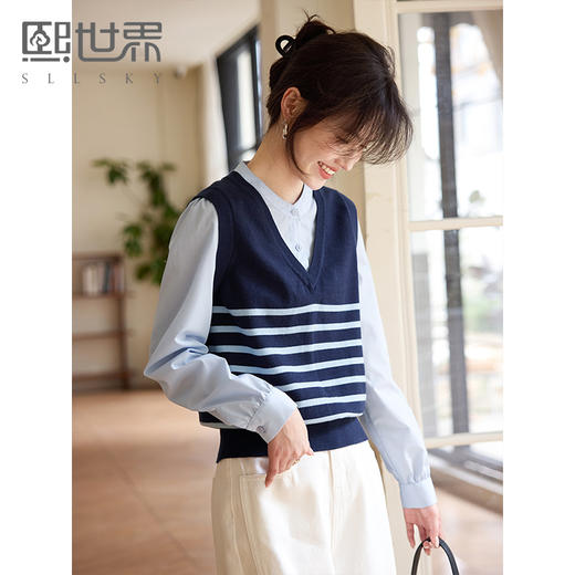 【周四狂欢价】熙世界学院风条纹针织马甲拼接长袖衬衫假两件上衣女2025春秋新款 商品图0