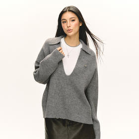 Ariseism  美式复古深v领宽松Polo毛衣女春秋新款修身显瘦上衣