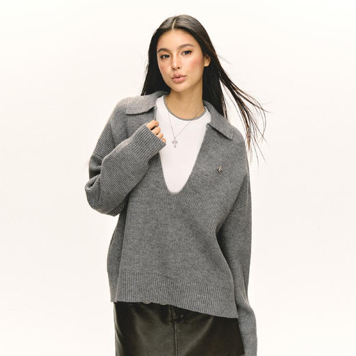 Ariseism  美式复古深v领宽松Polo毛衣女春秋新款修身显瘦上衣 商品图0