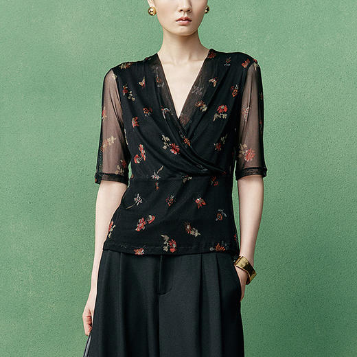 【林栖设计小店】印花交襟领真丝衫2025早秋新款国风优雅气质针织上衣女1953108 商品图0