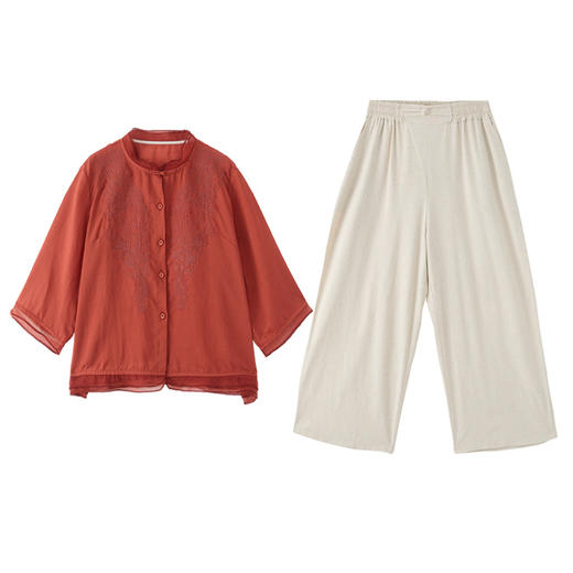 苎麻棉新中式国风，刺绣复古文艺衬衫七分裤两件套HR-LYW8567 商品图4