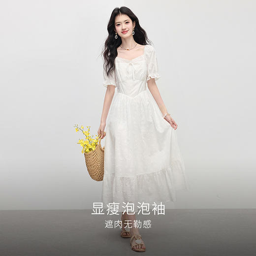 【专属特价】熙世界纯棉白色连衣裙女夏装新款法式浪漫刺绣方领荷叶边初恋长裙 商品图2