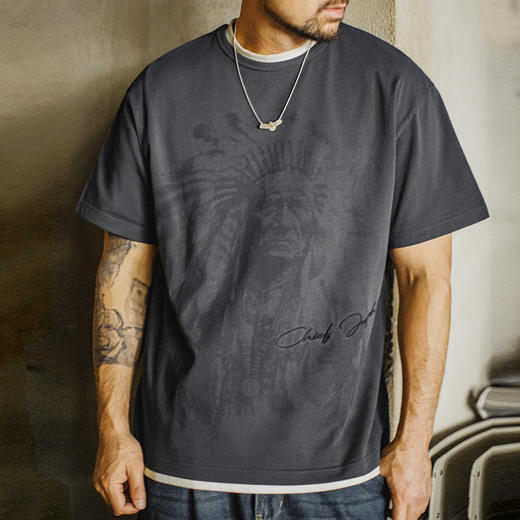 马登工装美式复古满印花T恤纯棉重磅棕色印第安vintage短袖男夏季 商品图3