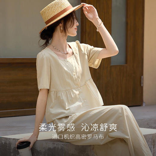 熙世界套装女2025年新款通勤休闲卡其色短袖方领上衣直筒裤两件套 商品图1