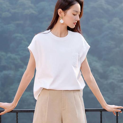 玳莎蝙蝠袖圆领T恤女2025年夏季新款宽松百搭定位绣花纯棉上衣  FB32109 商品图0