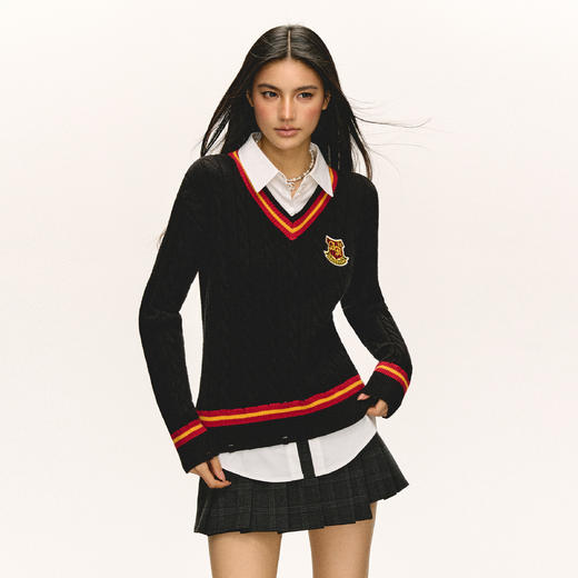 Ariseism 美式复古学院风假两件长袖针织衫女春季新款上衣 商品图3