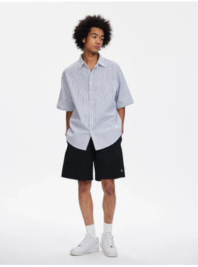 短袖衬衫~！市面醉好 BMS 宽松日系重磅条纹口袋衬衣 TX526