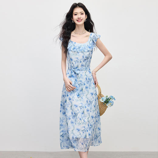 熙世界法式花边U领碎花连衣裙女2025夏季新款高级感气质雪纺长裙 商品图3