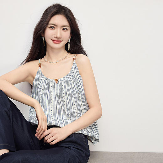【周末秒杀】熙世界波嬉度假风串珠吊带背心女夏新款别致绝美条纹无袖上衣小衫 商品图2
