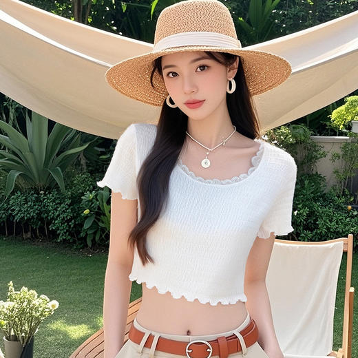 C2-润微正肩短袖t恤女夏季美式辣妹风高腰露脐短款紧身打底修身上衣  梦园岁月 商品图2