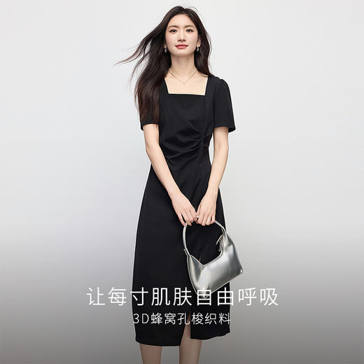 【周末秒杀】熙世界法式赫本方领连衣裙女2025夏天新款气质收腰修身开叉小黑裙 商品图1
