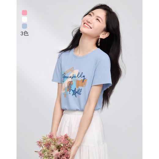 【专属特价】熙世界休闲印花体恤上衣女2025夏季新款时尚流行粉色短袖T恤正肩 商品图0