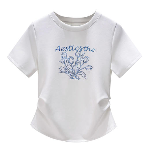 「自」全新升级【铂金会员109/天猫139/差价30】(05247)洛诗琳郁金香刺绣T恤2025夏季新款正肩圆领修身显瘦上衣女 商品图4