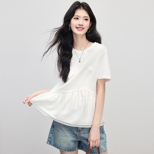 【专属特价】熙世界立体花朵白色圆领T恤女设计感宽松休闲短袖上衣2025夏新款 商品图2