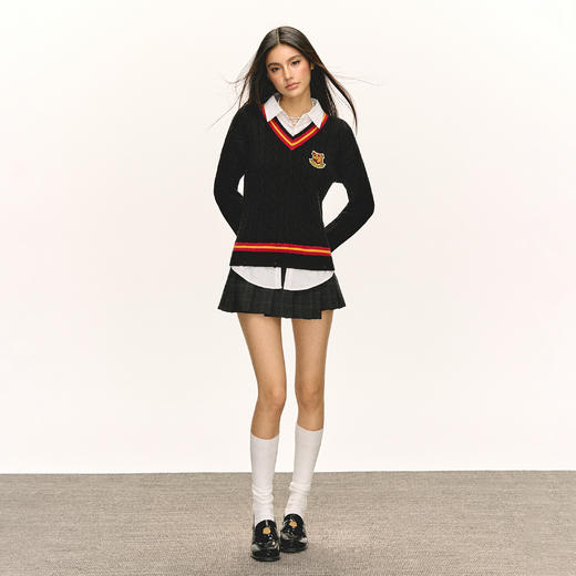 Ariseism 美式复古学院风假两件长袖针织衫女春季新款上衣 商品图4