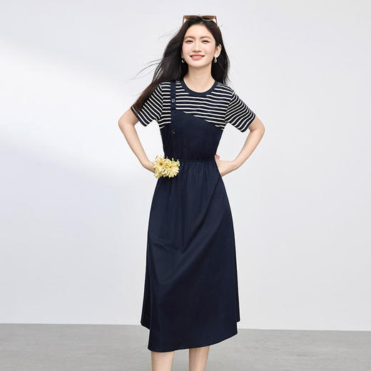 熙世界短袖条纹拼接假两件连衣裙女设计感休闲裙子2025年新款夏季 商品图4