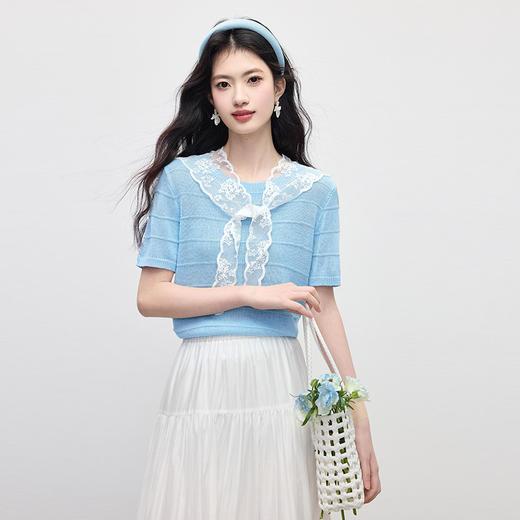 【周末秒杀】熙世界配蕾丝披肩冰丝针织衫女夏季薄款短袖独特别致上衣2025新款 商品图4