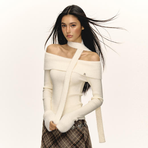 Ariseism美式复古设计感一字肩长袖针织衫女春季新款内搭打底上衣 商品图1