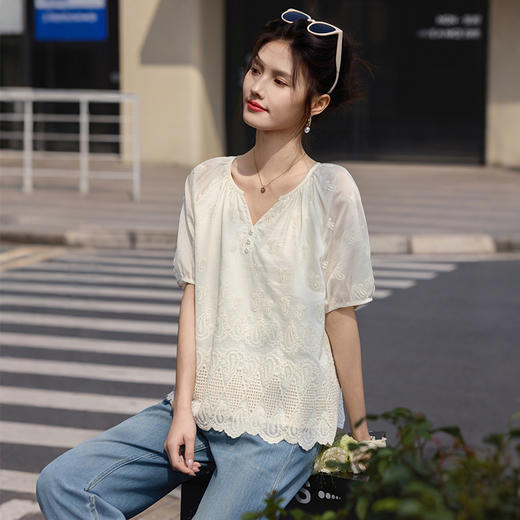 熙世界天丝雪纺衬衫女夏季短袖法式宽松洋气蕾丝边刺绣莱赛尔上衣 商品图3