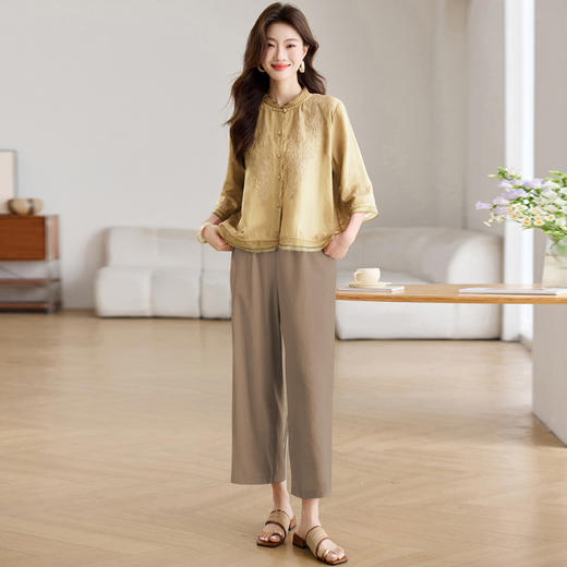 苎麻棉新中式国风，刺绣复古文艺衬衫七分裤两件套HR-LYW8567 商品图1