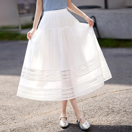 【专属特价】熙世界白月光天丝半身裙女夏季新款法式优雅刺绣镂空白色a字伞裙 商品图3