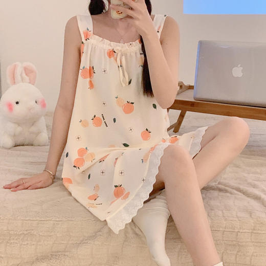 【好看又好穿！宽松设计】夏季新款女士泡泡棉柔软透气吊带睡裙家居服创意印花款甜美风。ry 商品图7
