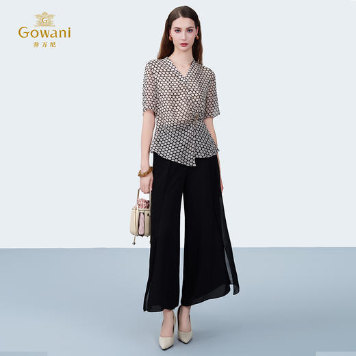 乔万尼2025新品100%真丝法式不规则设计印花收腰V领衬衫上衣ED2C492 商品图3