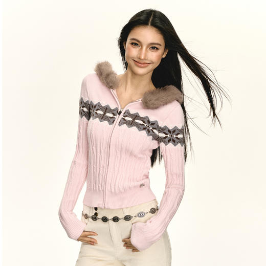 Ariseism 美式复古连帽针织拉链开衫女2025春秋新款上衣毛衣外套 商品图1