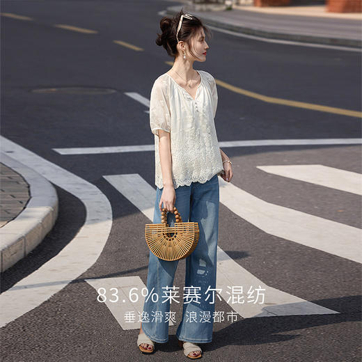 熙世界天丝雪纺衬衫女夏季短袖法式宽松洋气蕾丝边刺绣莱赛尔上衣 商品图2