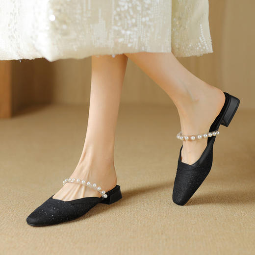 【预售5天】2cm法式珍珠网纱仙女风包头半拖鞋，外穿粗跟低跟灰色KYD&DK990 商品图3