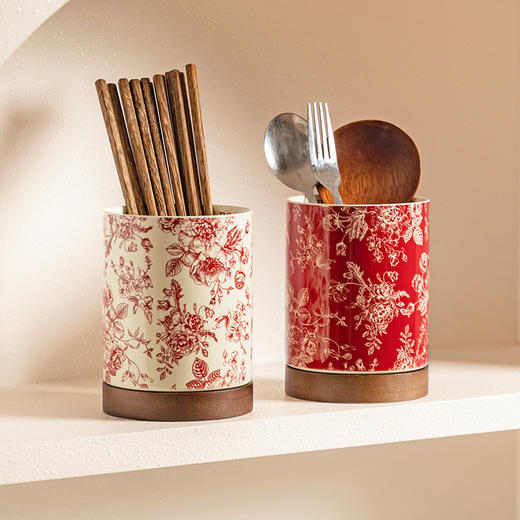 摩登主妇玫瑰假日陶瓷筷子筒收纳盒勺筷笼家用高档新款沥水筷子桶 商品图0