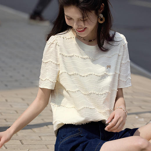 熙世界设计感流苏短袖T恤上衣女2025夏新款宽松慵懒别致纯棉小衫 商品图3