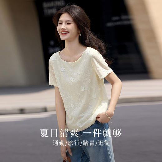 熙世界轻薄仿天丝刺绣雪纺衫女夏季气质短袖圆领T恤小衫2025新款 商品图1