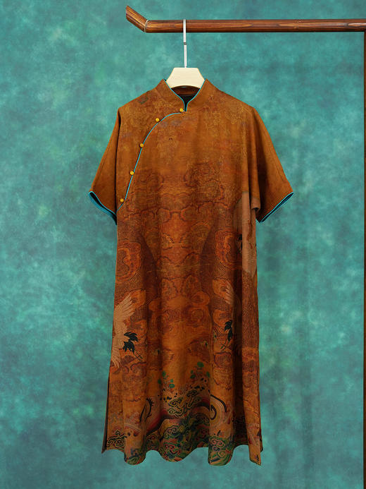 2020新中式复古印花海水江崖祥云花纹香云纱连衣裙袍子YB0159 。 商品图5