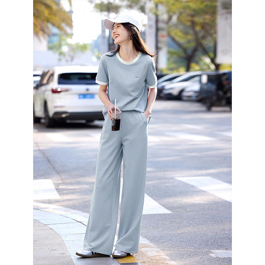 【专属特价】熙世界休闲套装女2025年夏季新款撞色圆领短袖T恤直筒长裤两件套 商品图4