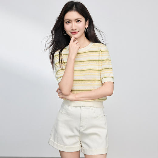 熙世界欧若风条纹针织衫女短袖薄款夏季新品百搭休闲圆领套头上衣 商品图3
