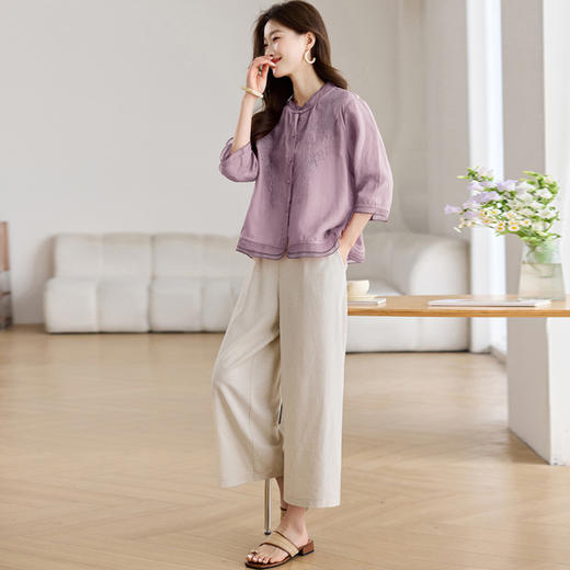 苎麻棉新中式国风，刺绣复古文艺衬衫七分裤两件套HR-LYW8567 商品图3