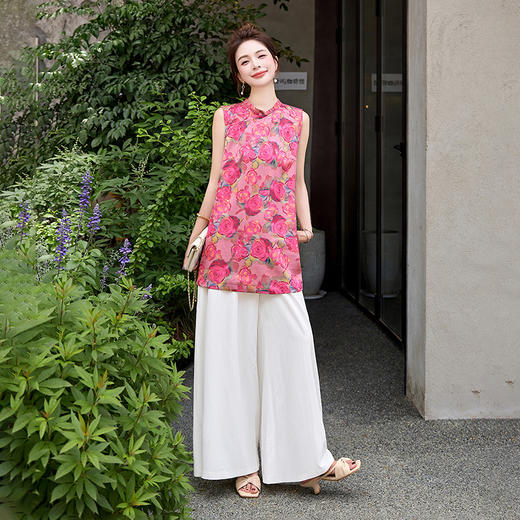 新中式国风气质显瘦，复古印花旗袍阔腿裤两件套HR-X1012 商品图2