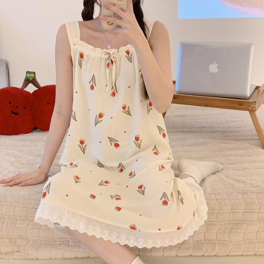 【好看又好穿！宽松设计】夏季新款女士泡泡棉柔软透气吊带睡裙家居服创意印花款甜美风。ry 商品图6