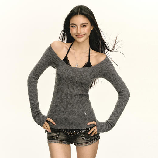 Ariseism 美式复古设计感绞花圆领修身长袖针织衫女春季新款毛衣 商品图0