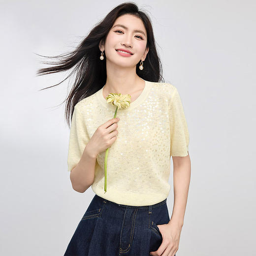 熙世界法式亮片冰丝针织衫女夏季薄款2025新款圆领独特漂亮的上衣 商品图4