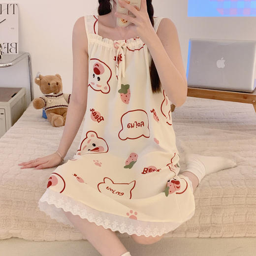 【好看又好穿！宽松设计】夏季新款女士泡泡棉柔软透气吊带睡裙家居服创意印花款甜美风。ry 商品图5