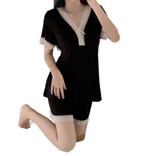 【🔥冰丝睡衣】2025新款蕾丝花边家居服✨轻薄透气，黑色优雅，给你舒适的清凉夜晚💤夏天薄款冰丝女士蕾丝花边黑色家居服 商品图4